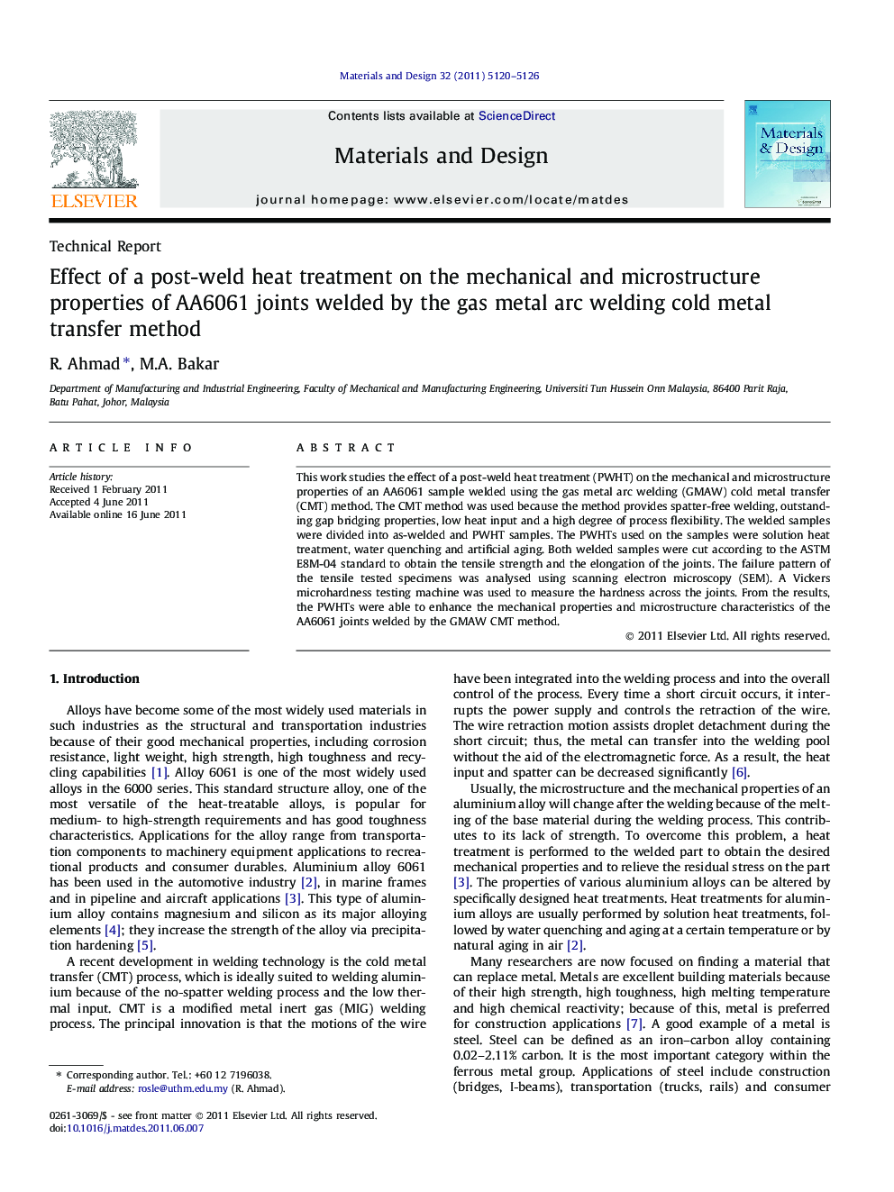 Effect of a post-weld heat treatment on the mechanical and microstructure properties of AA6061 joints welded by the gas metal arc welding cold metal transfer method