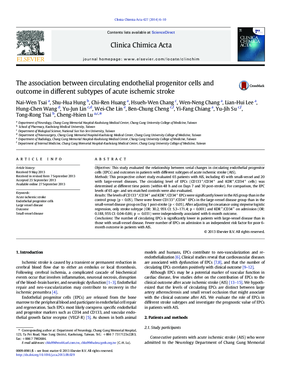 The association between circulating endothelial progenitor cells and outcome in different subtypes of acute ischemic stroke