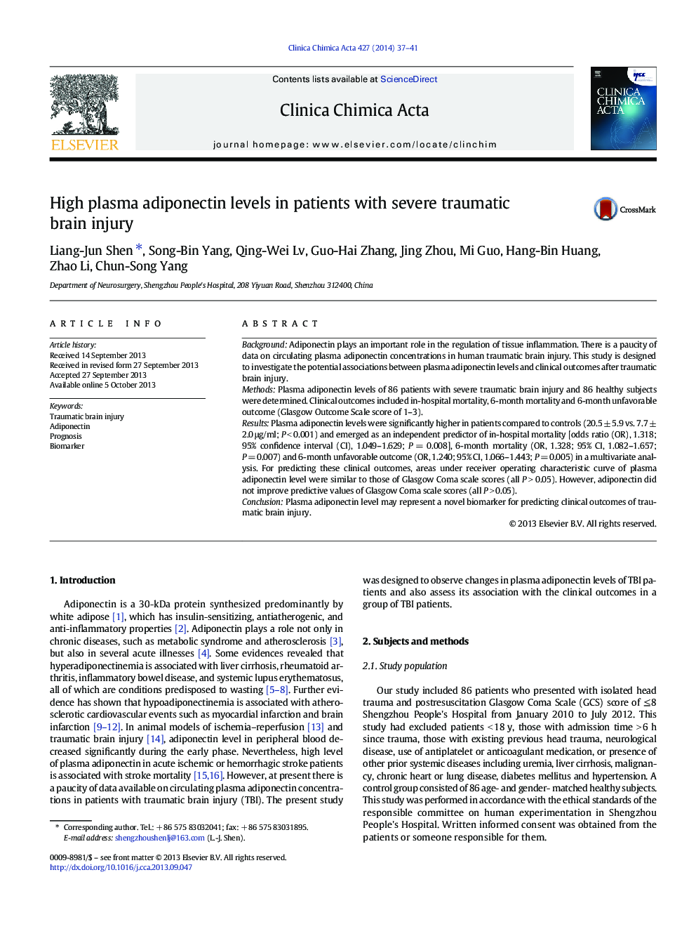 High plasma adiponectin levels in patients with severe traumatic brain injury