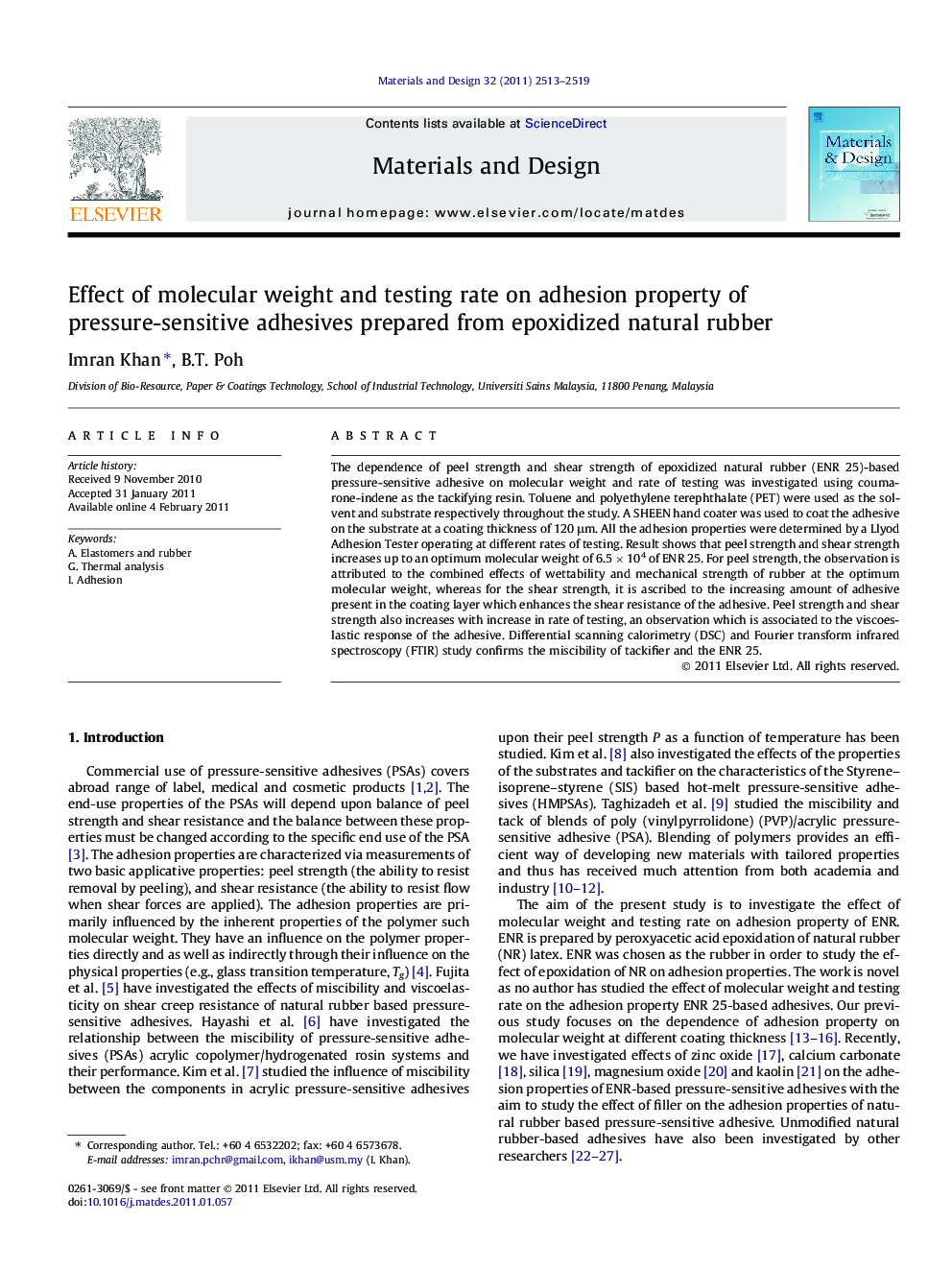 Effect of molecular weight and testing rate on adhesion property of pressure-sensitive adhesives prepared from epoxidized natural rubber
