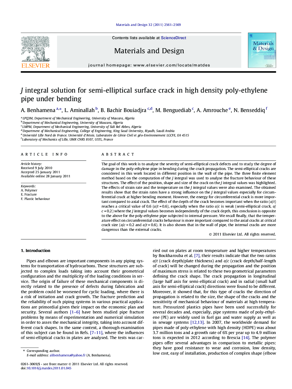 J integral solution for semi-elliptical surface crack in high density poly-ethylene pipe under bending