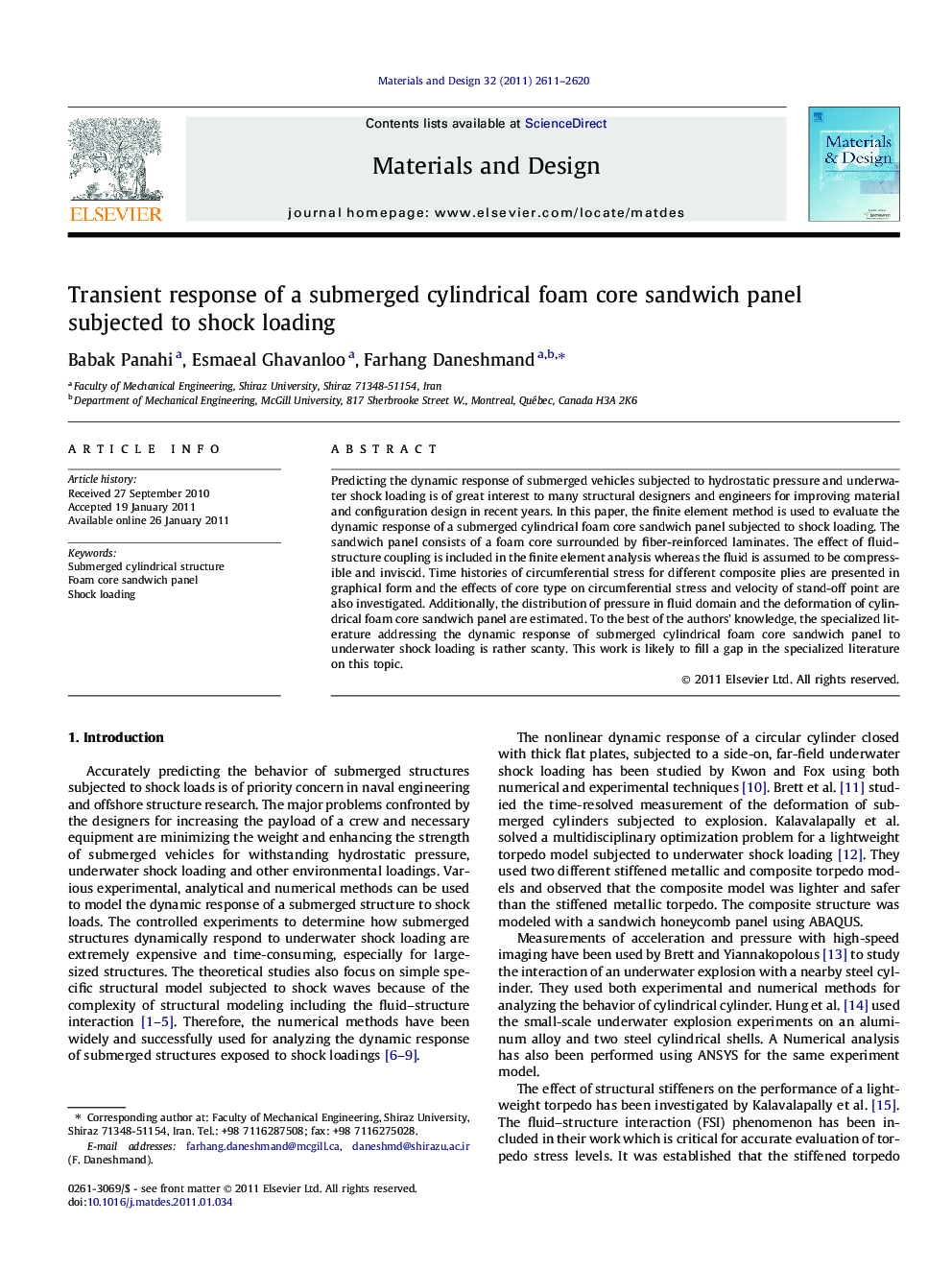 Transient response of a submerged cylindrical foam core sandwich panel subjected to shock loading