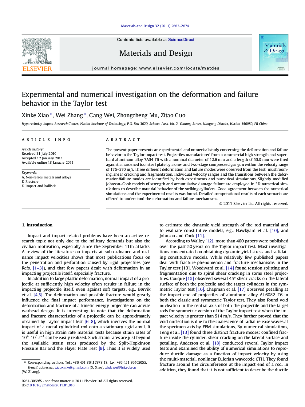 Experimental and numerical investigation on the deformation and failure behavior in the Taylor test