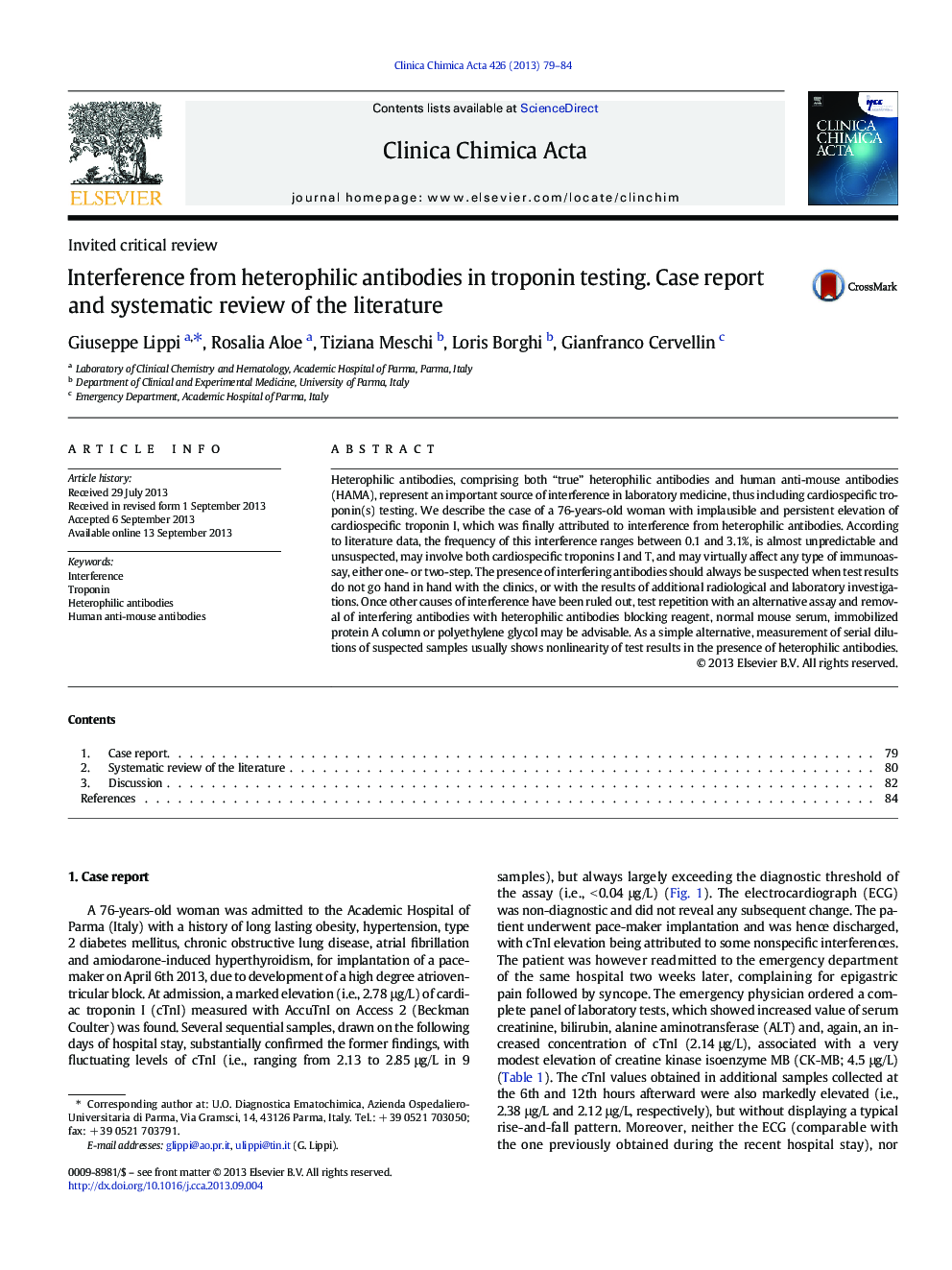 Interference from heterophilic antibodies in troponin testing. Case report and systematic review of the literature