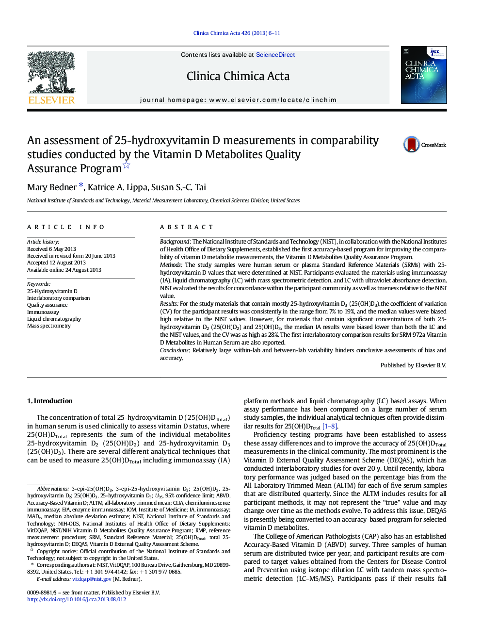 An assessment of 25-hydroxyvitamin D measurements in comparability studies conducted by the Vitamin D Metabolites Quality Assurance Program