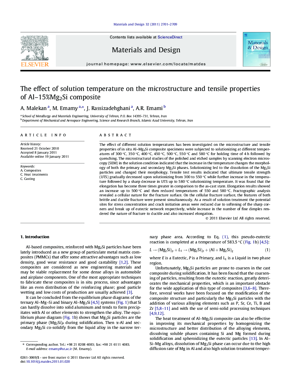 The effect of solution temperature on the microstructure and tensile properties of Al–15%Mg2Si composite