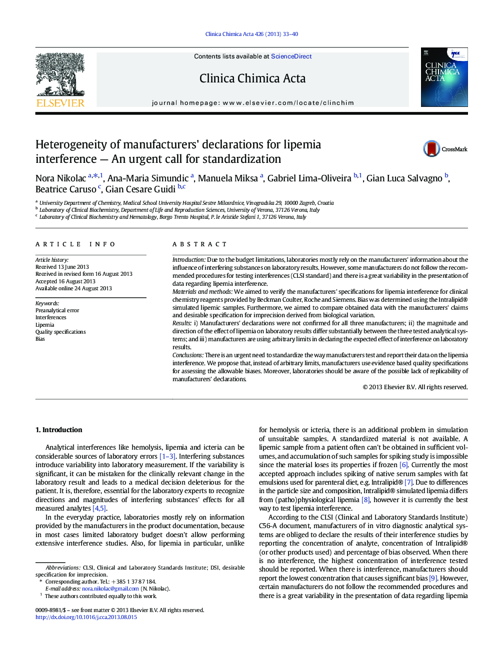 Heterogeneity of manufacturers' declarations for lipemia interference - An urgent call for standardization