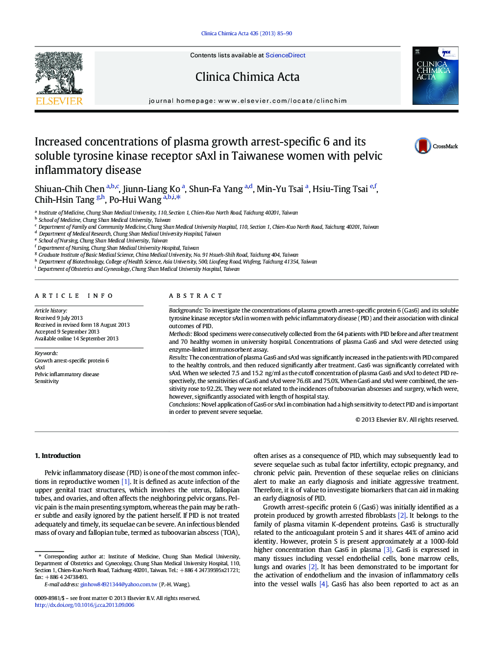 Increased concentrations of plasma growth arrest-specific 6 and its soluble tyrosine kinase receptor sAxl in Taiwanese women with pelvic inflammatory disease