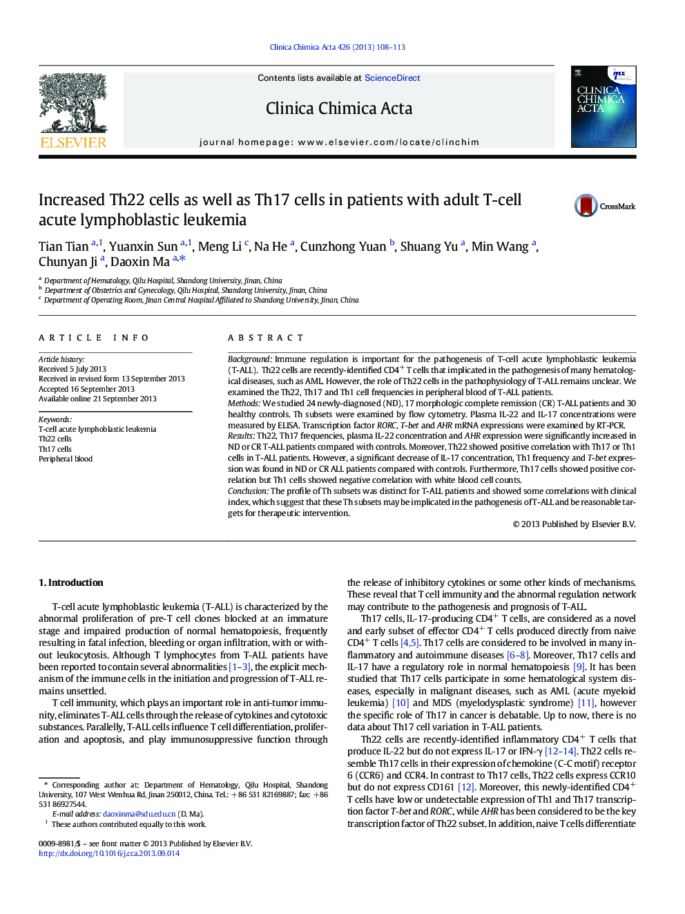 Increased Th22 cells as well as Th17 cells in patients with adult T-cell acute lymphoblastic leukemia