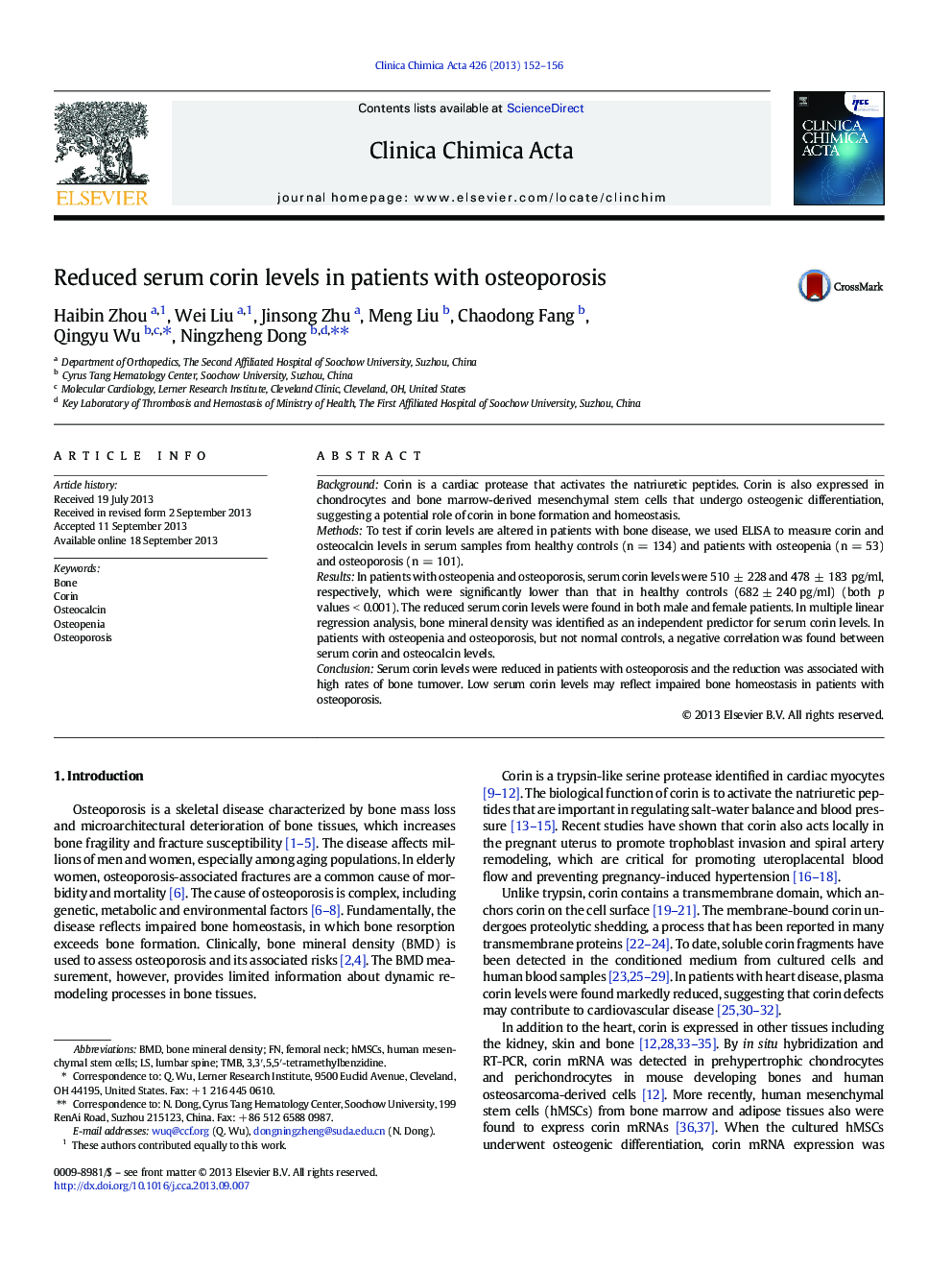 Reduced serum corin levels in patients with osteoporosis