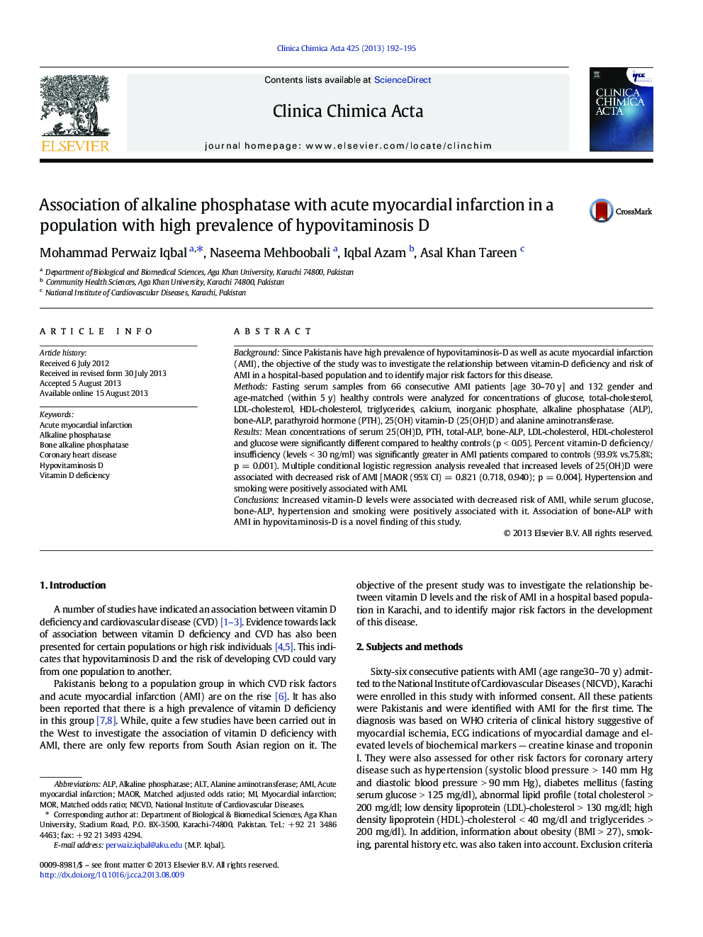 Association of alkaline phosphatase with acute myocardial infarction in a population with high prevalence of hypovitaminosis D