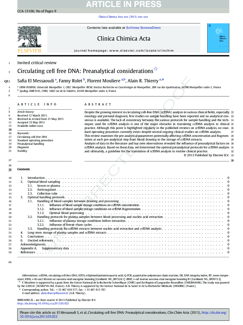Circulating cell free DNA: Preanalytical considerations