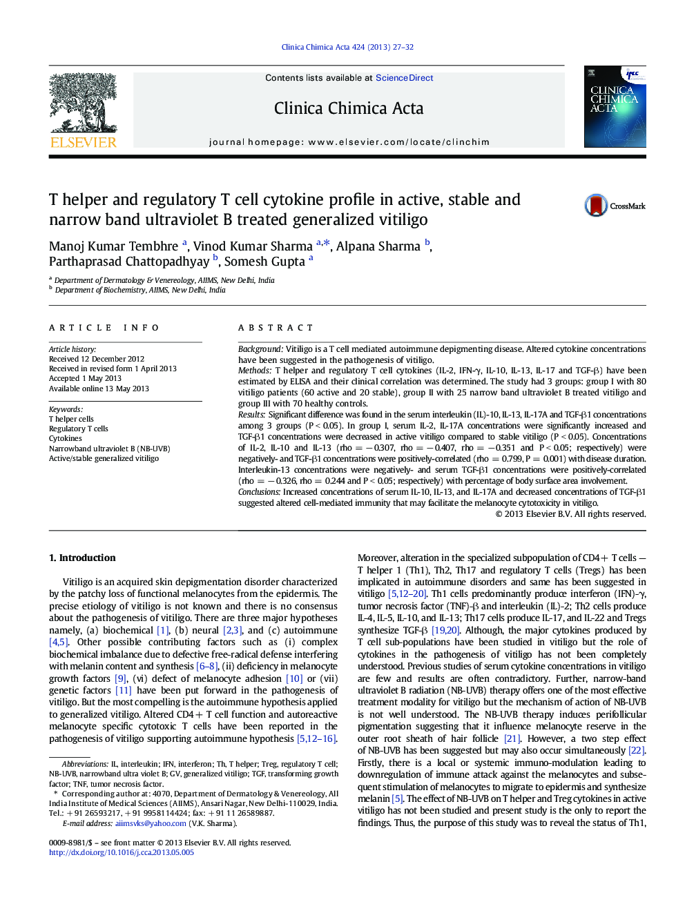 T helper and regulatory T cell cytokine profile in active, stable and narrow band ultraviolet B treated generalized vitiligo