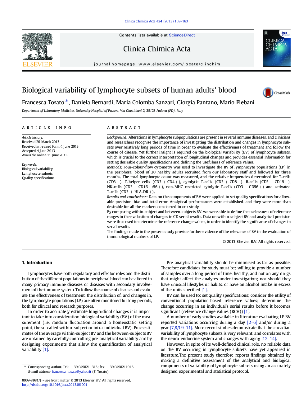 Biological variability of lymphocyte subsets of human adults' blood