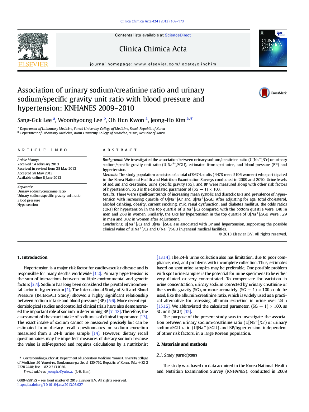Association of urinary sodium/creatinine ratio and urinary sodium/specific gravity unit ratio with blood pressure and hypertension: KNHANES 2009-2010