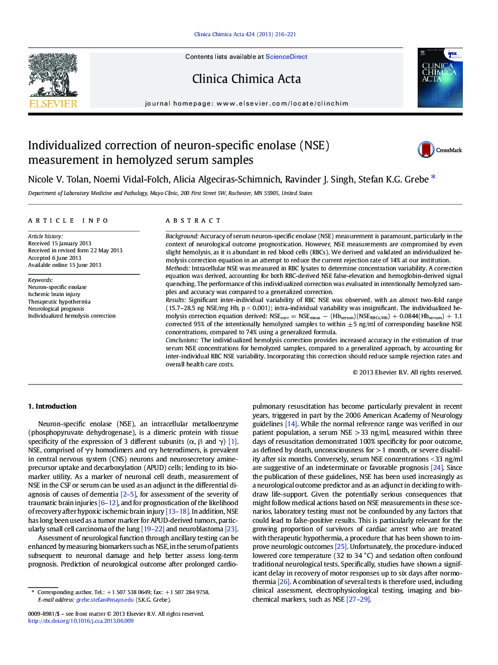 Individualized correction of neuron-specific enolase (NSE) measurement in hemolyzed serum samples