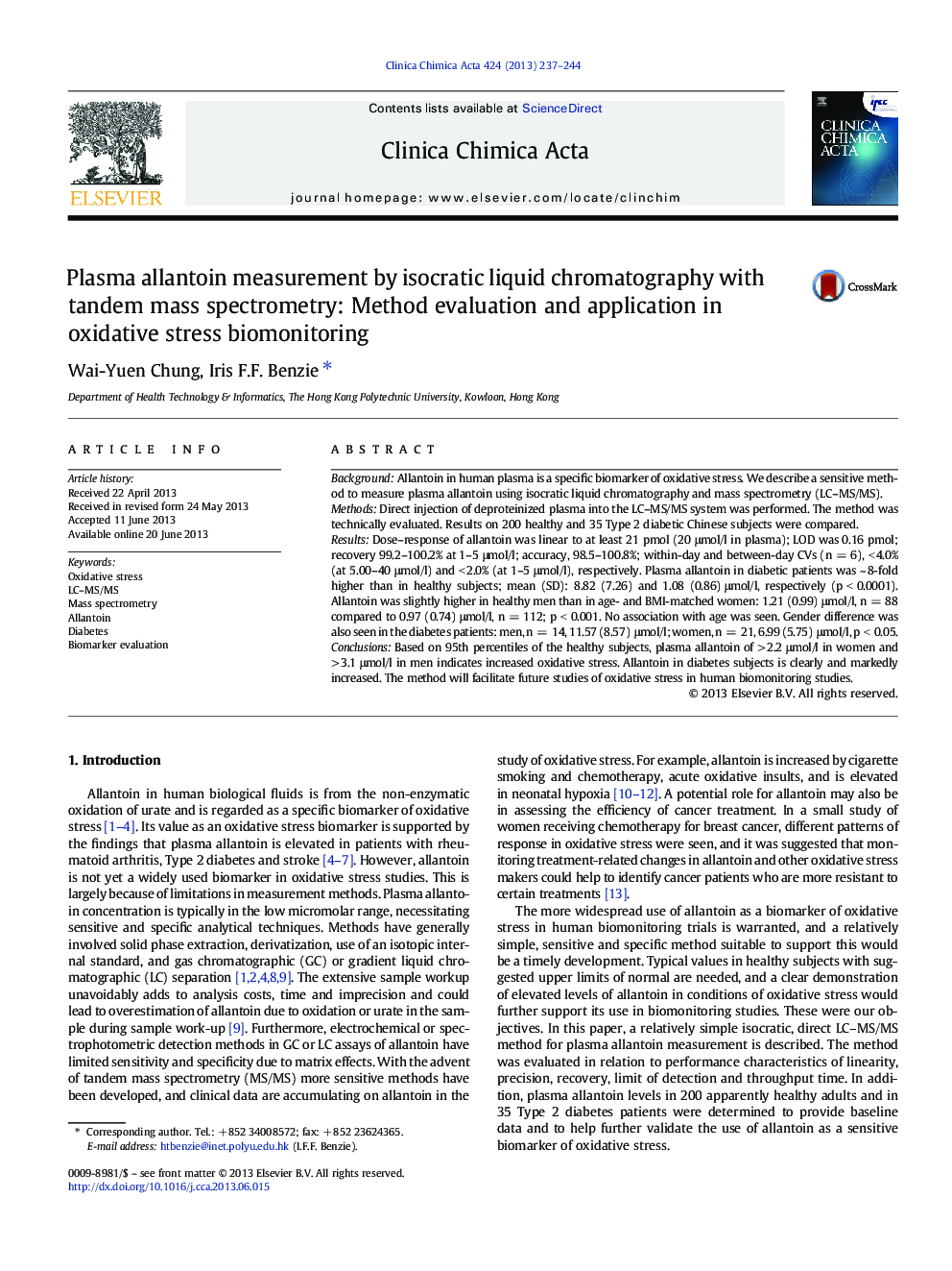 Plasma allantoin measurement by isocratic liquid chromatography with tandem mass spectrometry: Method evaluation and application in oxidative stress biomonitoring