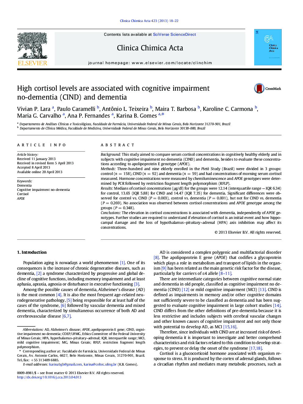 عکس صفحه اول مقاله: High cortisol levels are associated with cognitive impairment no-dementia (CIND) and dementia High cortisol levels are associated with cognitive impairment no-dementia (CIND) and dementia