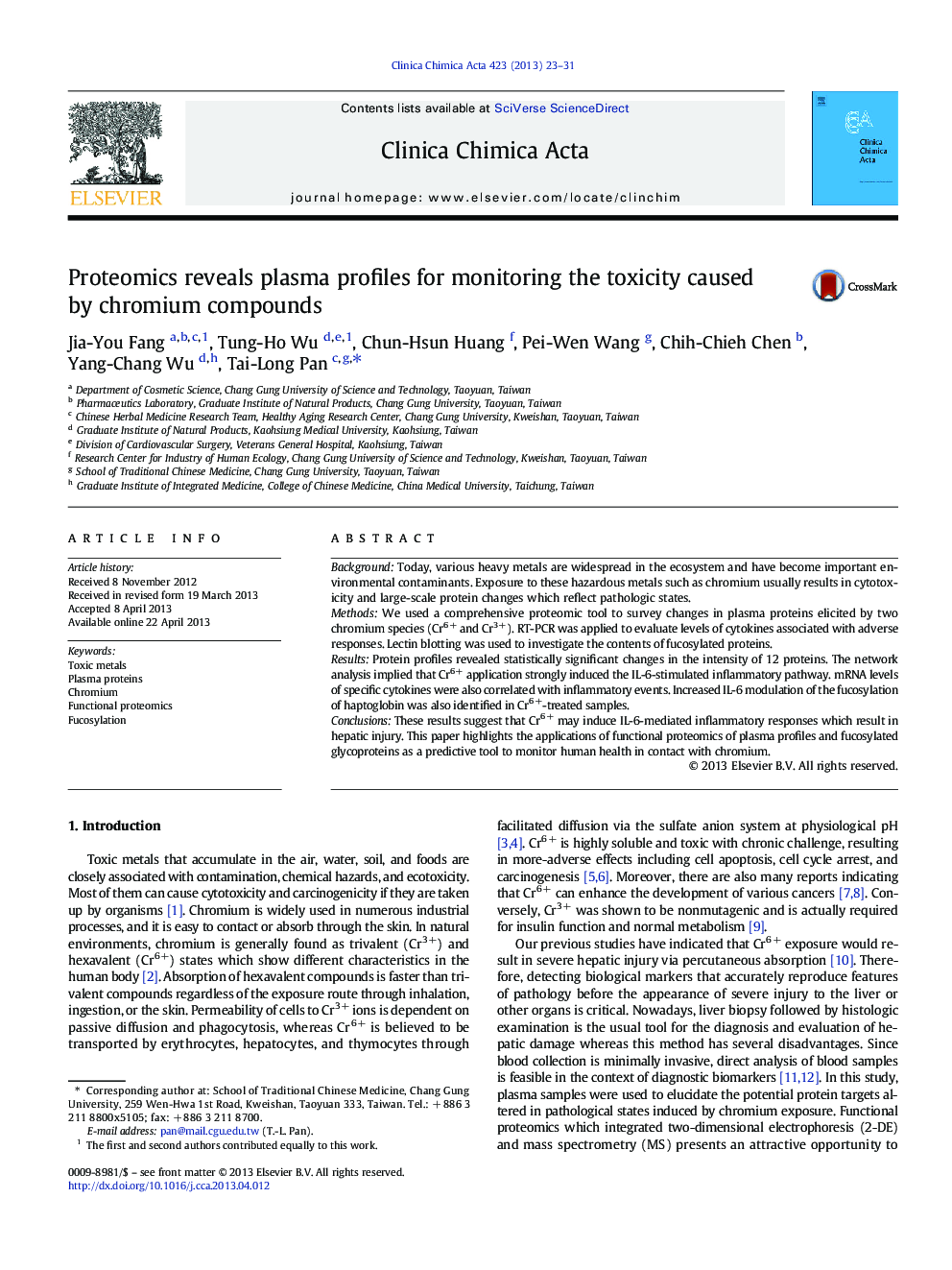 Proteomics reveals plasma profiles for monitoring the toxicity caused by chromium compounds