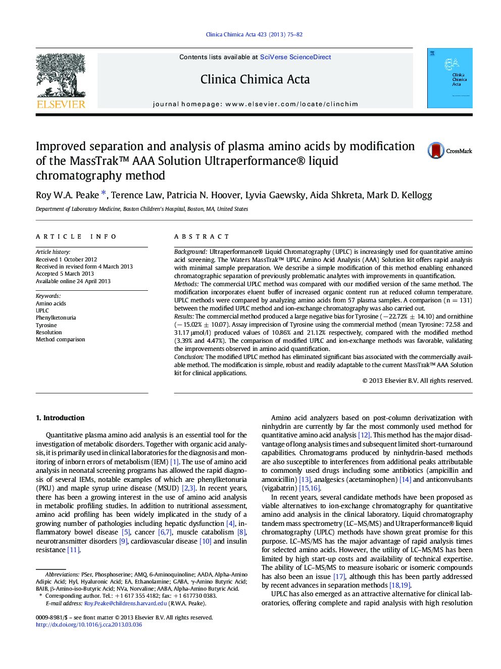 Improved separation and analysis of plasma amino acids by modification of the MassTrakâ¢ AAA Solution Ultraperformance® liquid chromatography method