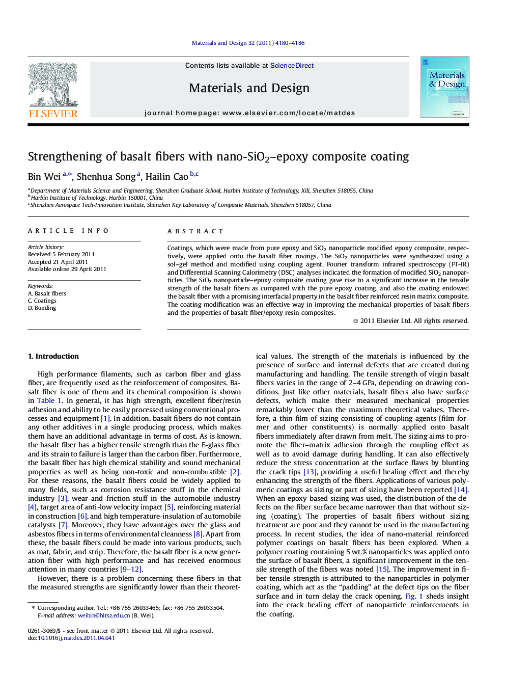 Strengthening of basalt fibers with nano-SiO2–epoxy composite coating