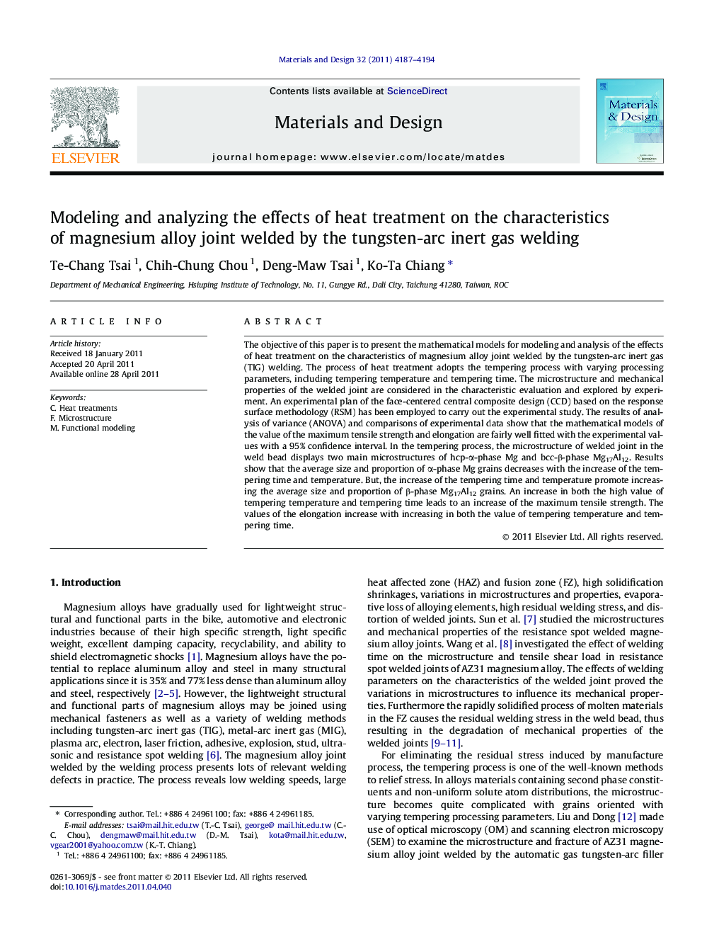 Modeling and analyzing the effects of heat treatment on the characteristics of magnesium alloy joint welded by the tungsten-arc inert gas welding