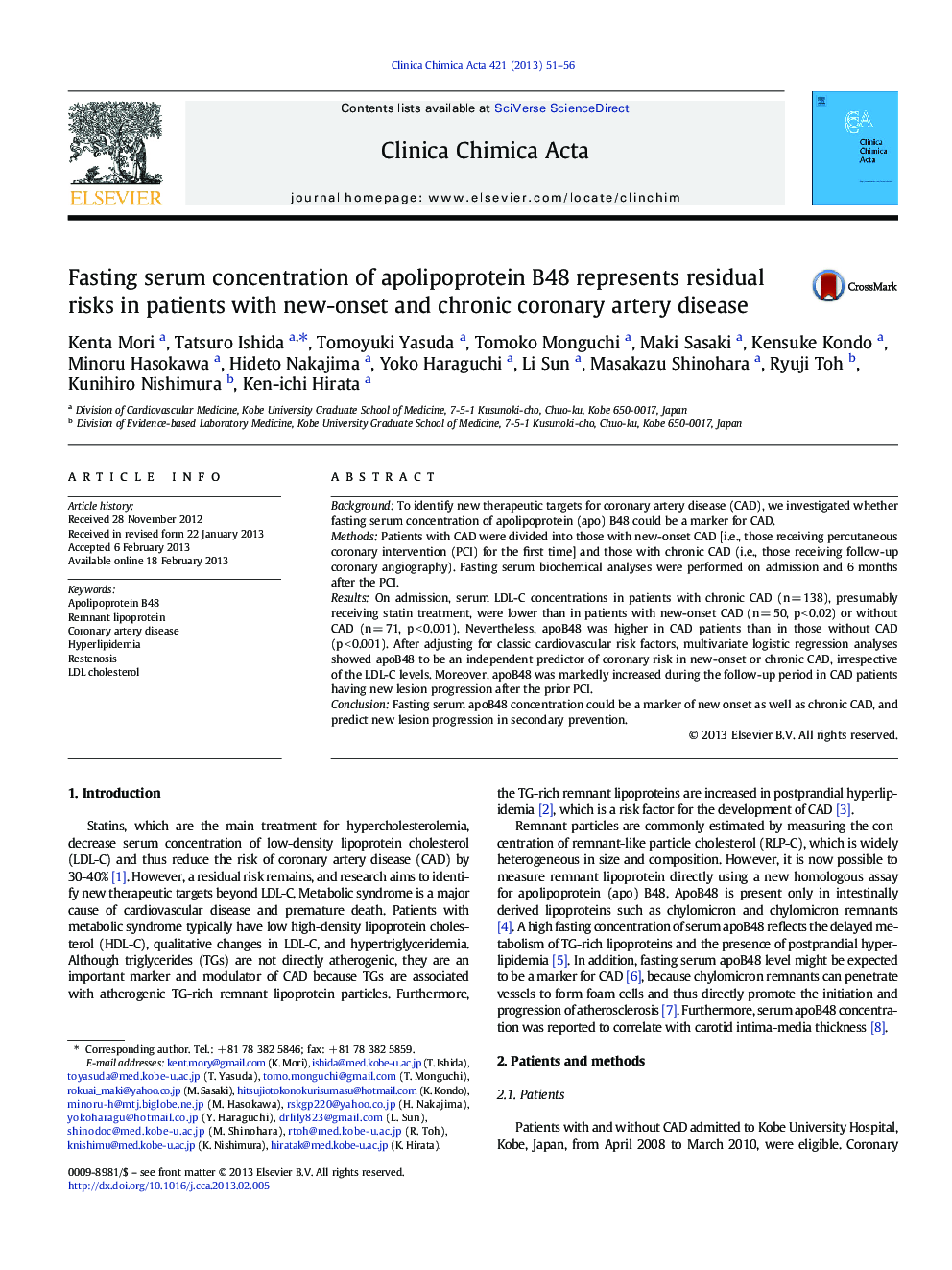 Fasting serum concentration of apolipoprotein B48 represents residual risks in patients with new-onset and chronic coronary artery disease