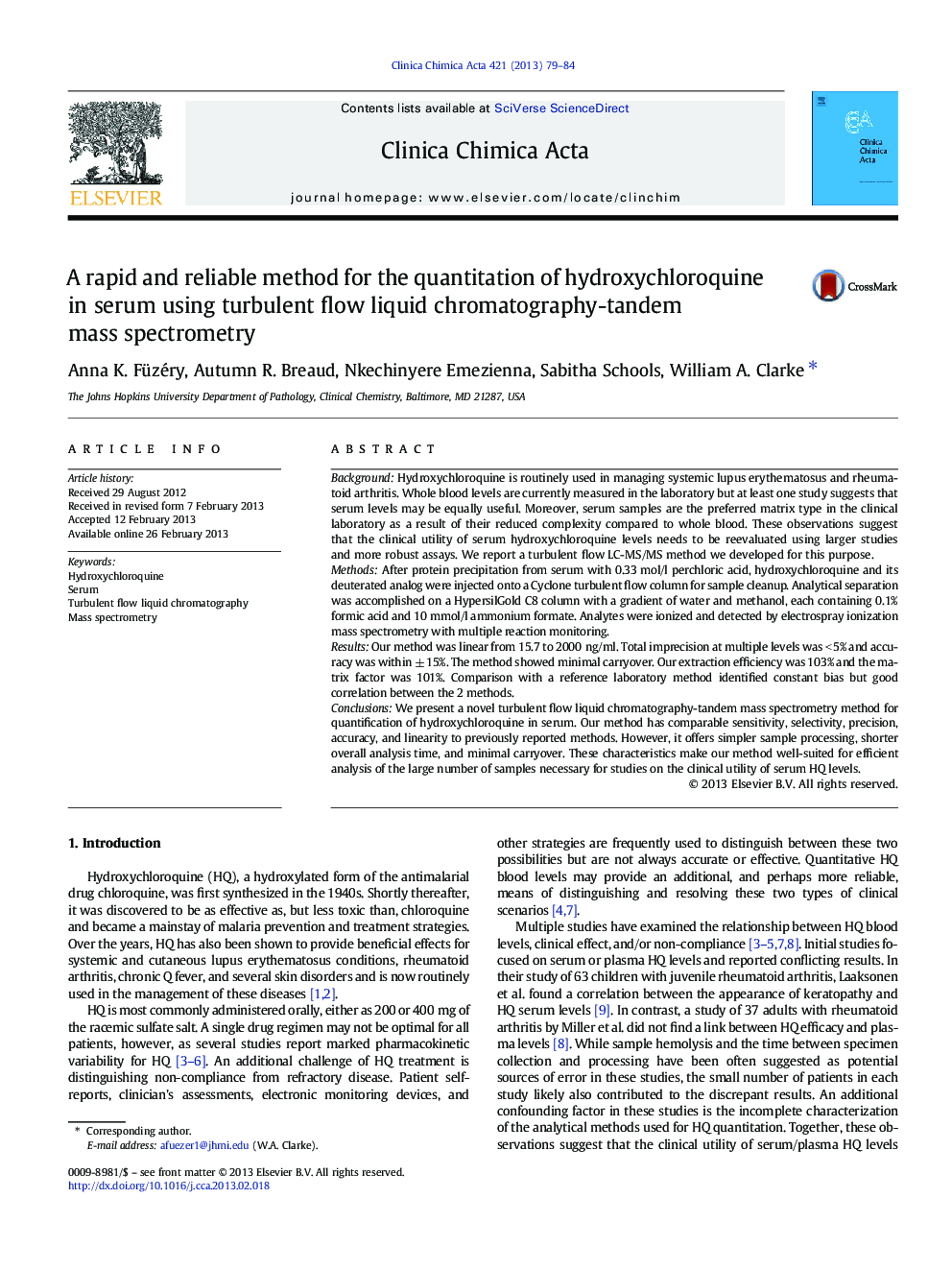 A rapid and reliable method for the quantitation of hydroxychloroquine in serum using turbulent flow liquid chromatography-tandem mass spectrometry
