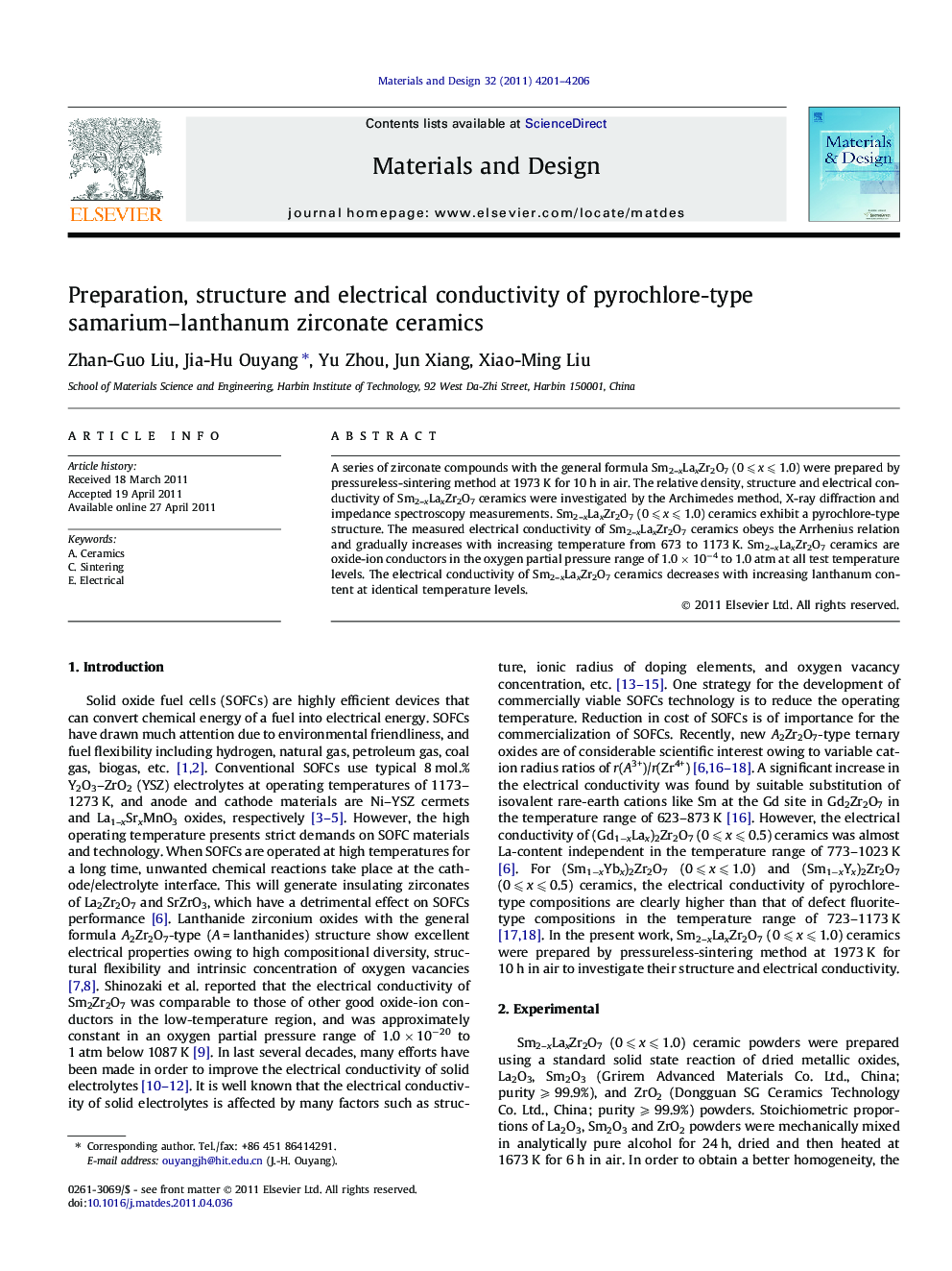 Preparation, structure and electrical conductivity of pyrochlore-type samarium–lanthanum zirconate ceramics