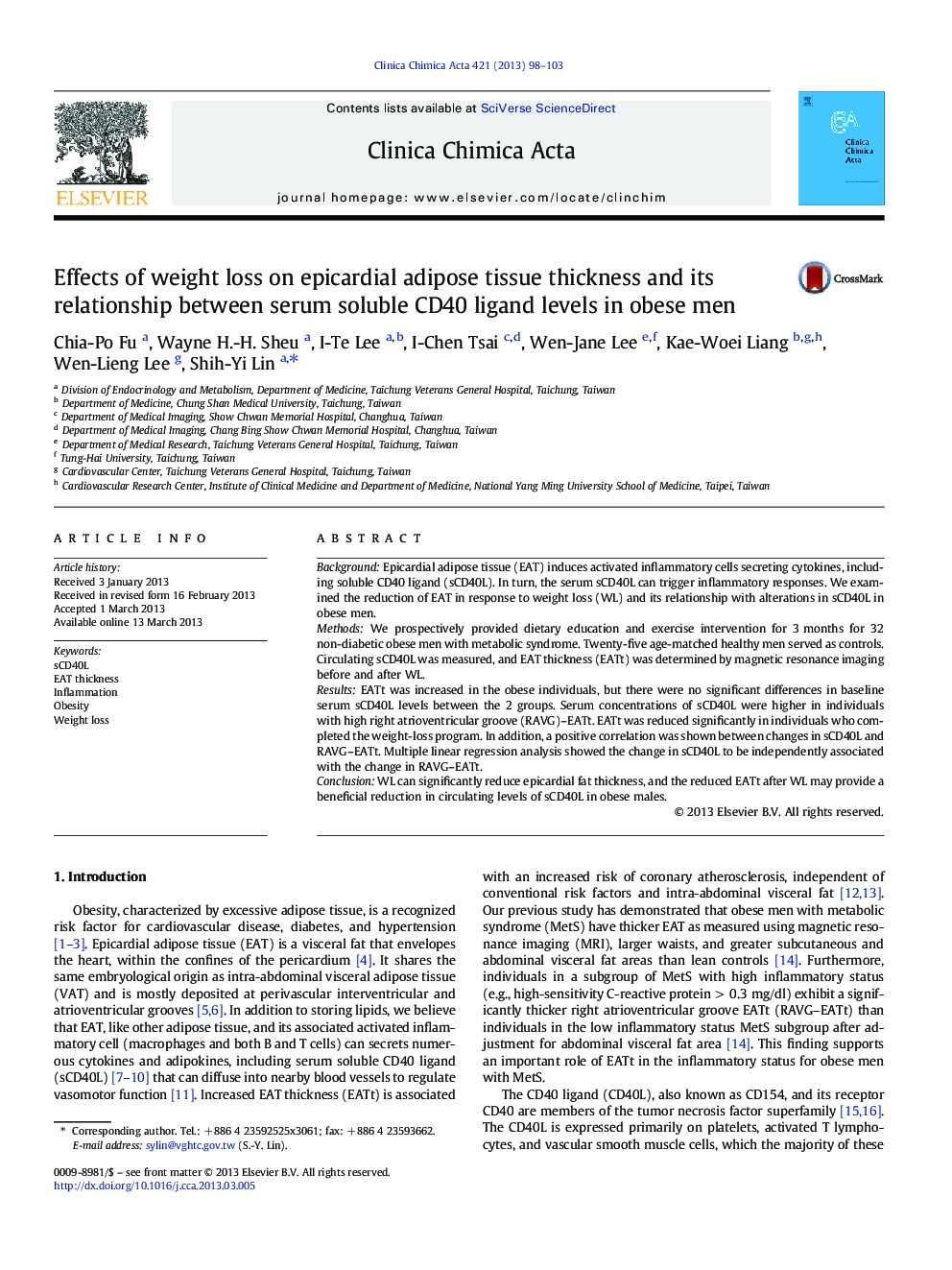 Effects of weight loss on epicardial adipose tissue thickness and its relationship between serum soluble CD40 ligand levels in obese men