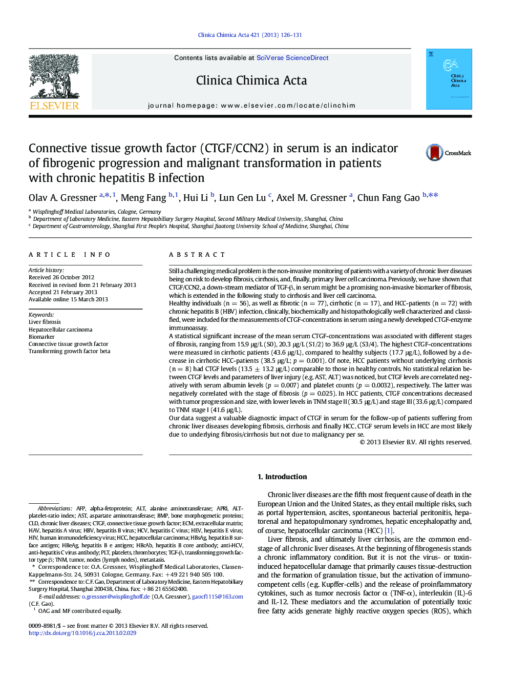 Connective tissue growth factor (CTGF/CCN2) in serum is an indicator of fibrogenic progression and malignant transformation in patients with chronic hepatitis B infection