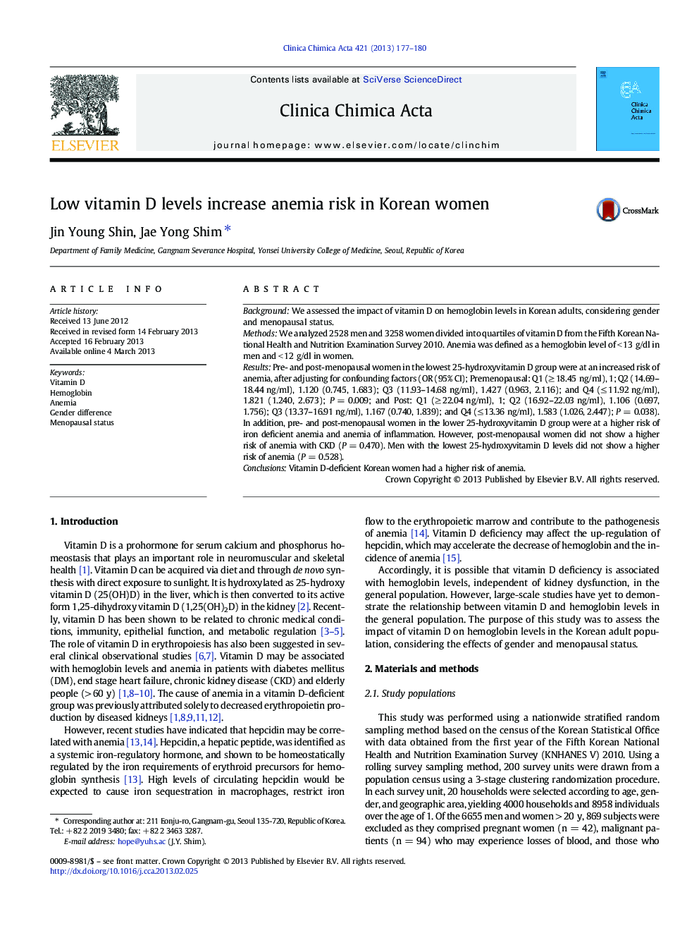 Low vitamin D levels increase anemia risk in Korean women