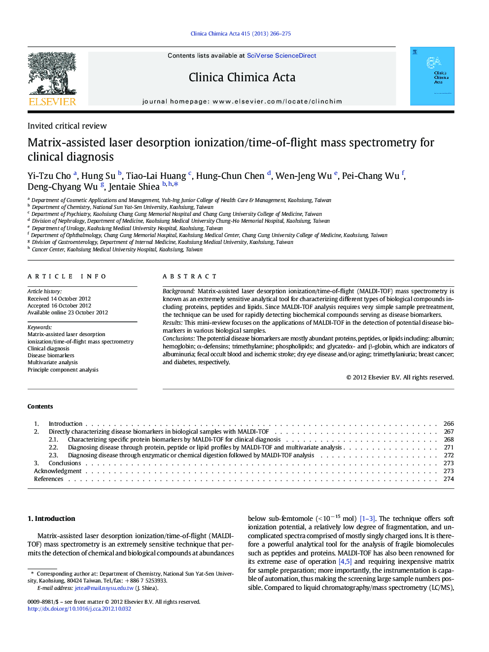 Matrix-assisted laser desorption ionization/time-of-flight mass spectrometry for clinical diagnosis