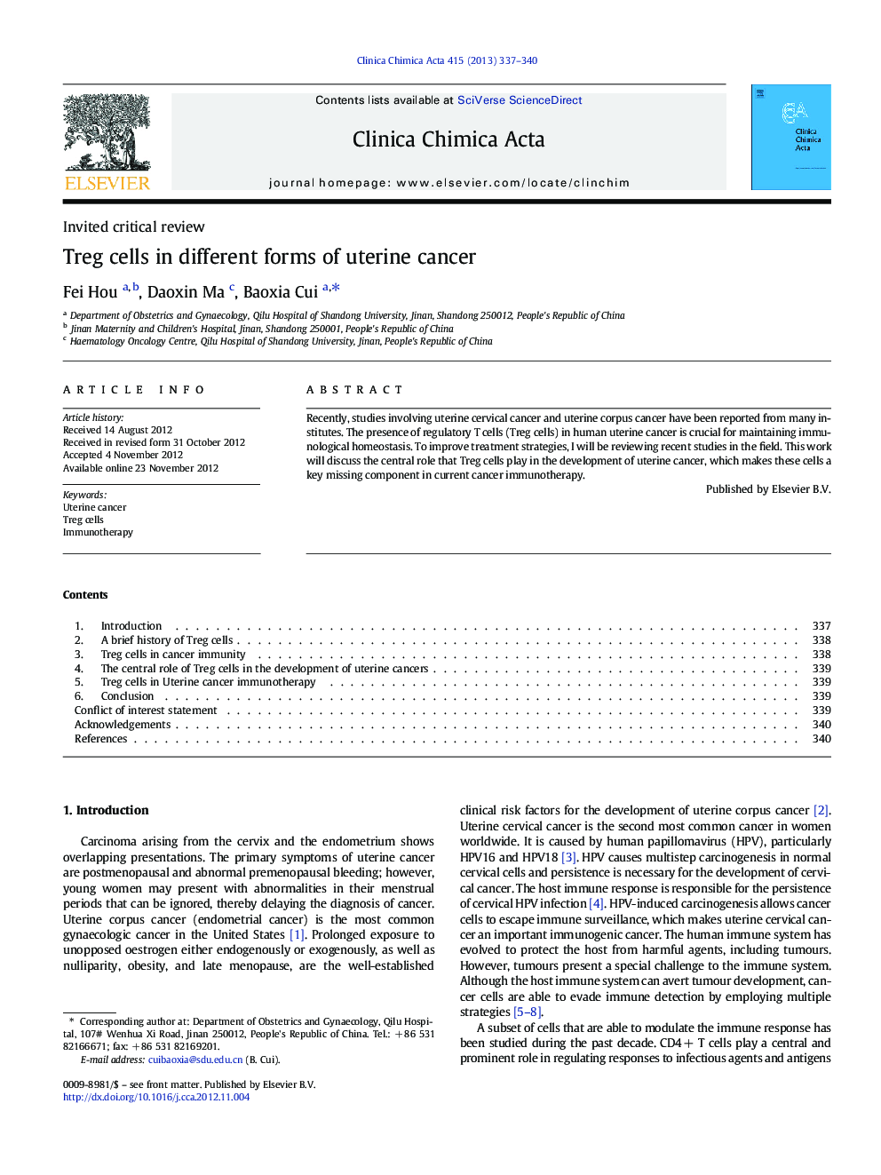 Treg cells in different forms of uterine cancer