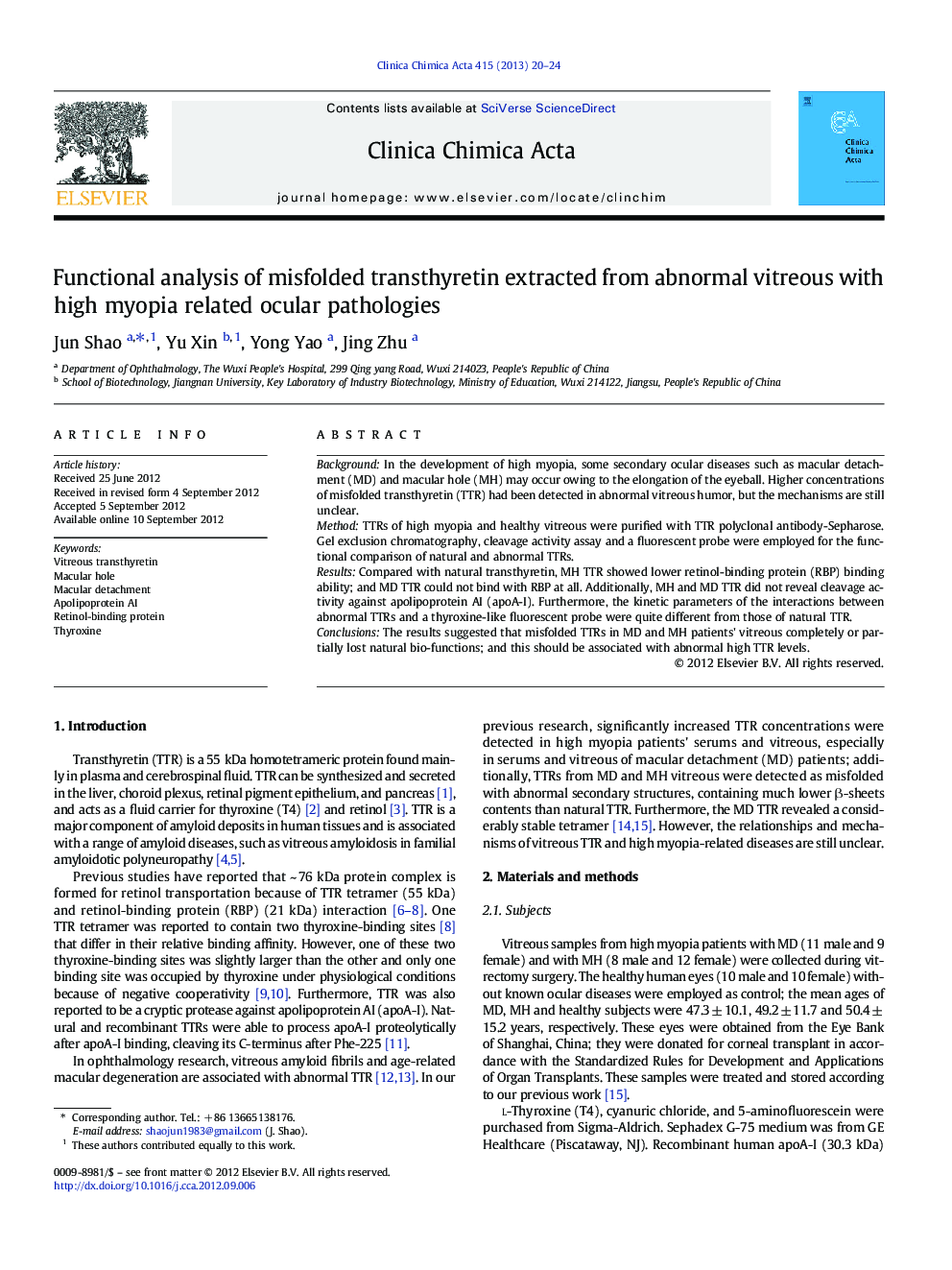 Functional analysis of misfolded transthyretin extracted from abnormal vitreous with high myopia related ocular pathologies