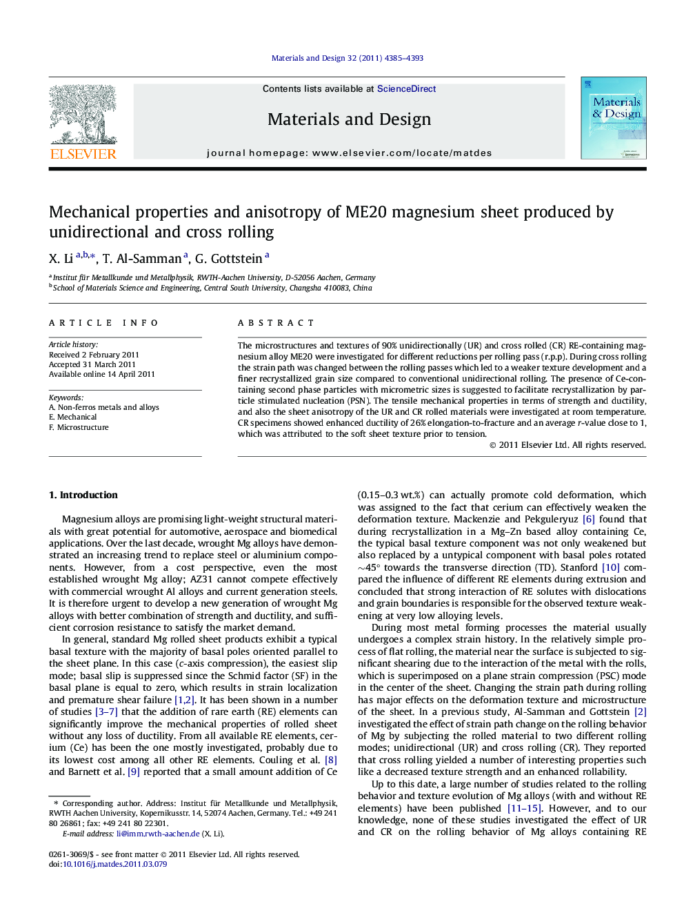 Mechanical properties and anisotropy of ME20 magnesium sheet produced by unidirectional and cross rolling