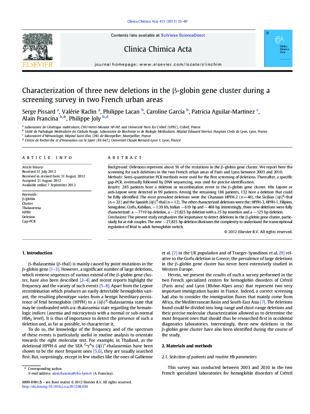 Characterization of three new deletions in the Î²-globin gene cluster during a screening survey in two French urban areas