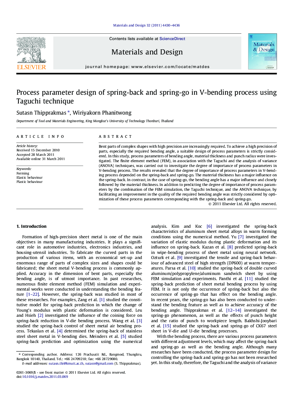 Process parameter design of spring-back and spring-go in V-bending process using Taguchi technique