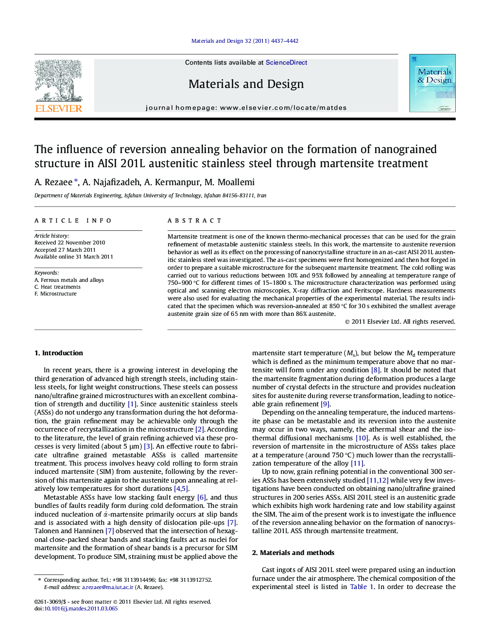 The influence of reversion annealing behavior on the formation of nanograined structure in AISI 201L austenitic stainless steel through martensite treatment