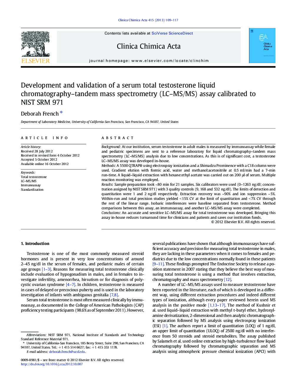 Development and validation of a serum total testosterone liquid chromatography-tandem mass spectrometry (LC-MS/MS) assay calibrated to NIST SRM 971