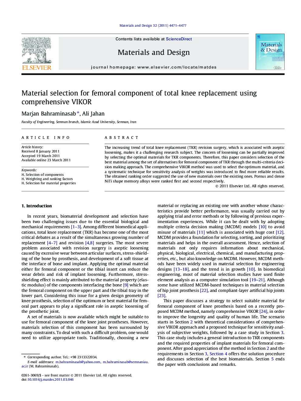 Material selection for femoral component of total knee replacement using comprehensive VIKOR