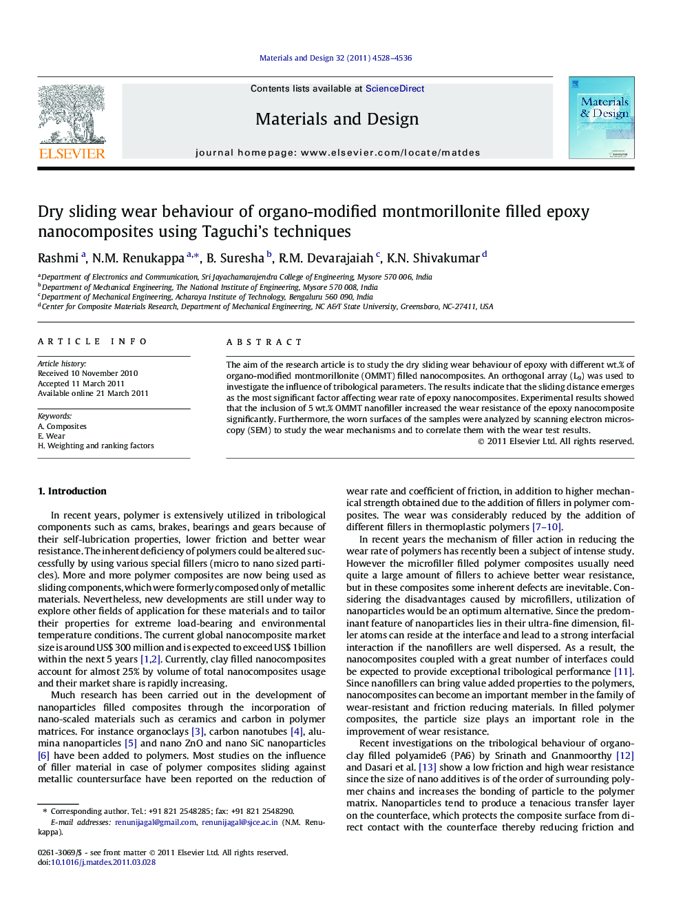 Dry sliding wear behaviour of organo-modified montmorillonite filled epoxy nanocomposites using Taguchi’s techniques