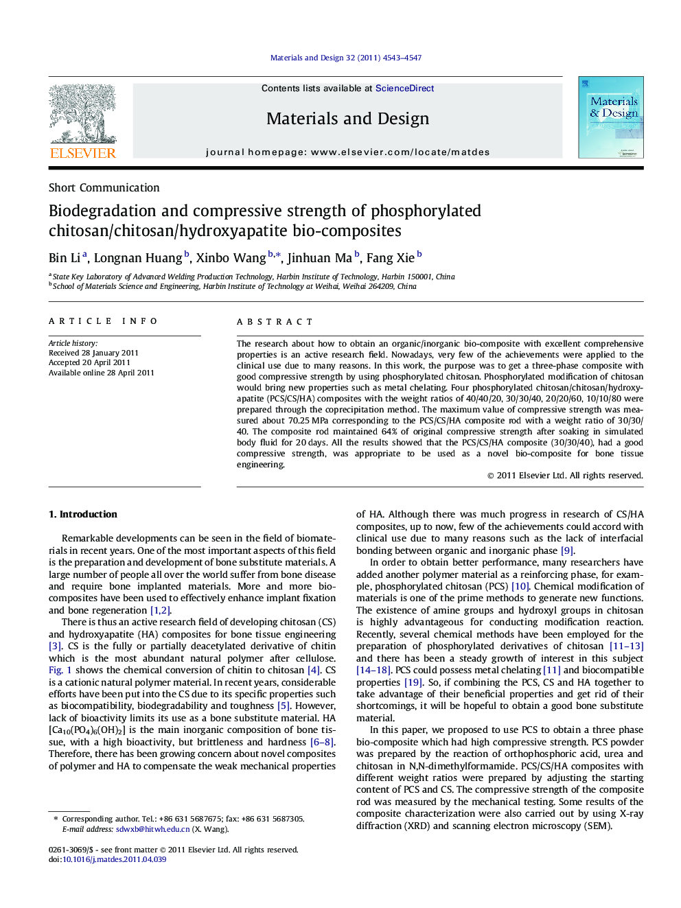 Biodegradation and compressive strength of phosphorylated chitosan/chitosan/hydroxyapatite bio-composites