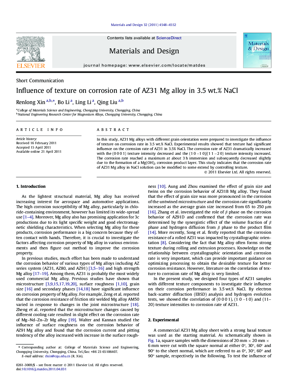 Influence of texture on corrosion rate of AZ31 Mg alloy in 3.5 wt.% NaCl