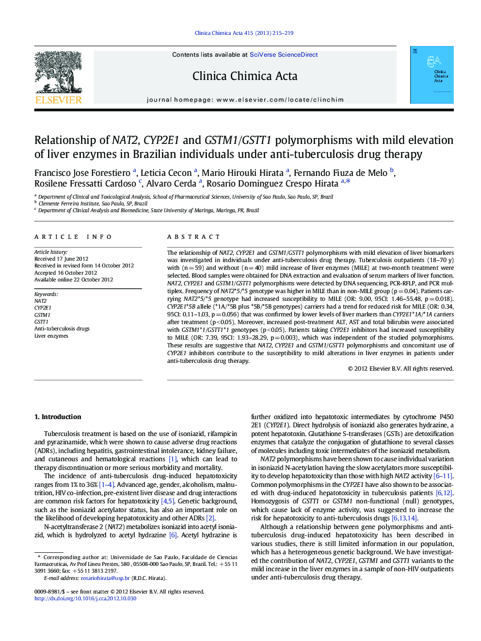 Relationship of NAT2, CYP2E1 and GSTM1/GSTT1 polymorphisms with mild elevation of liver enzymes in Brazilian individuals under anti-tuberculosis drug therapy