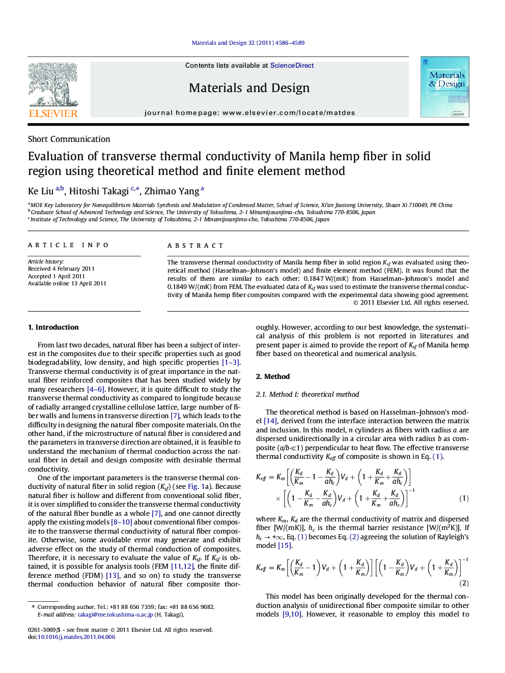 Evaluation of transverse thermal conductivity of Manila hemp fiber in solid region using theoretical method and finite element method