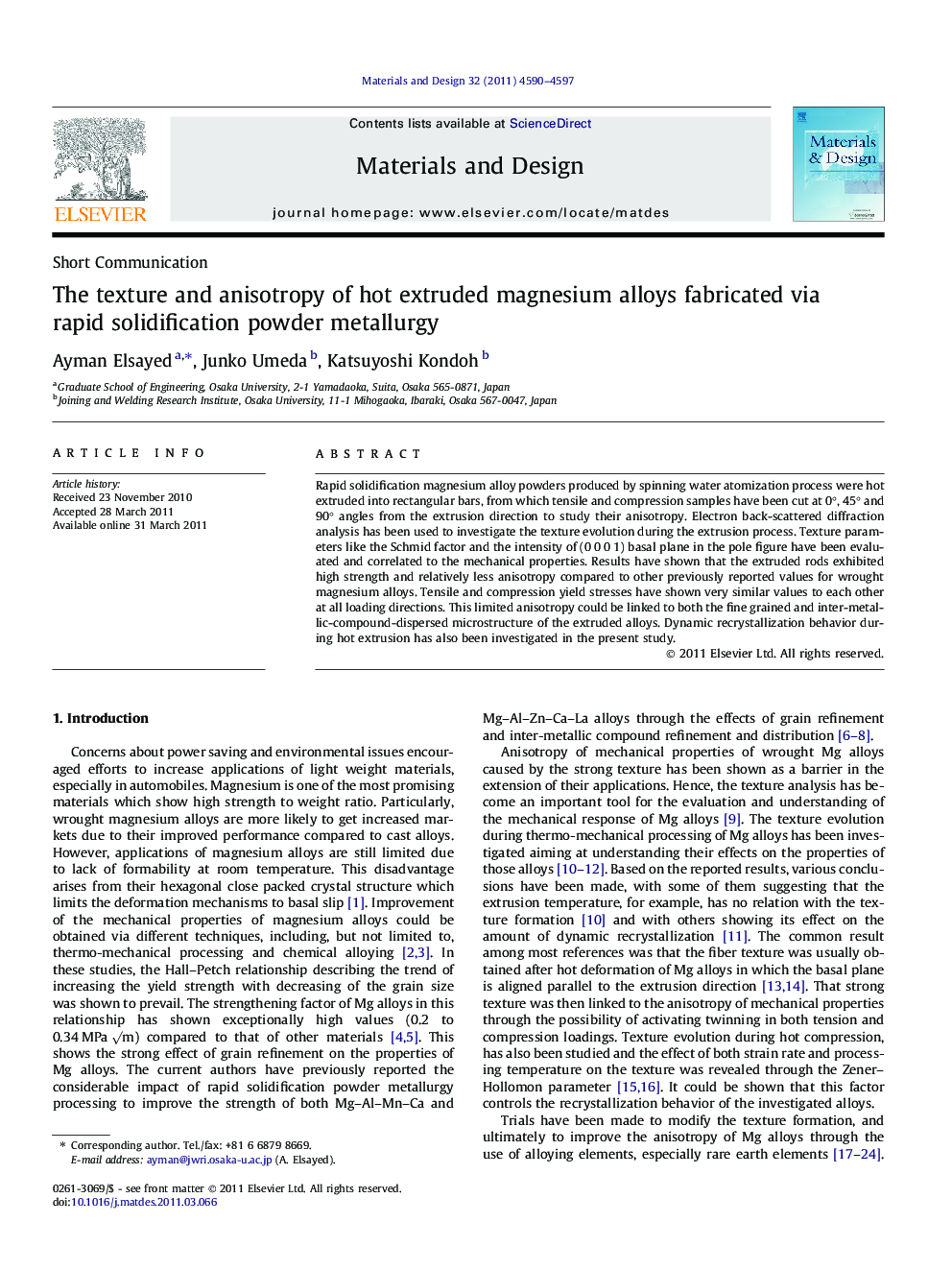 The texture and anisotropy of hot extruded magnesium alloys fabricated via rapid solidification powder metallurgy