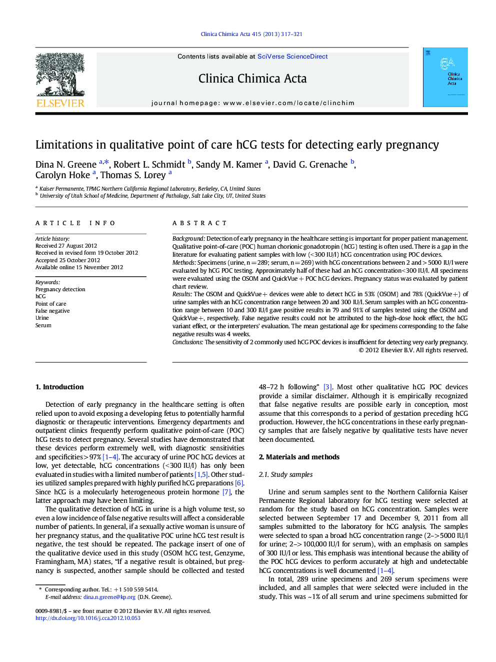 Limitations in qualitative point of care hCG tests for detecting early pregnancy