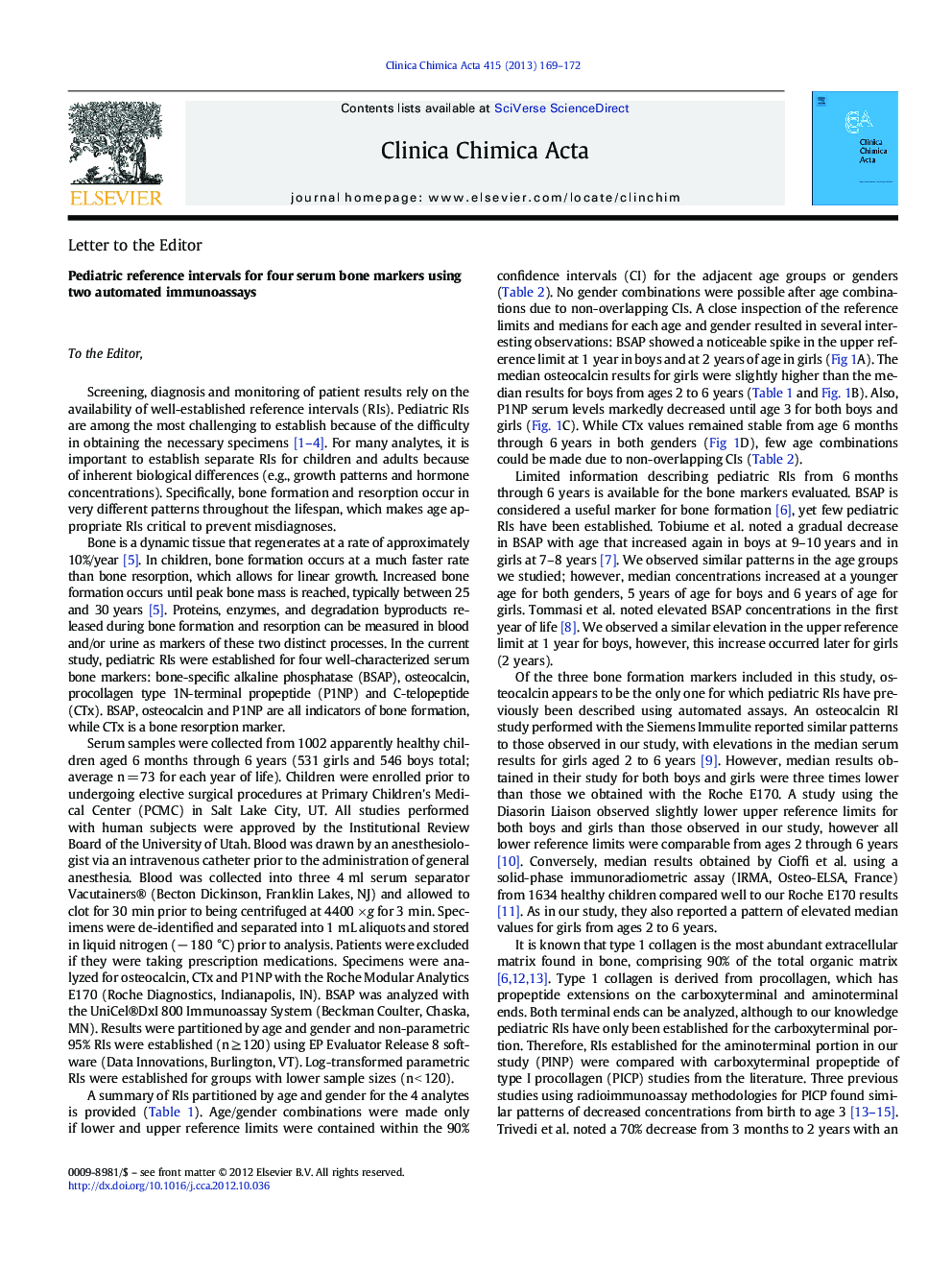 Pediatric reference intervals for four serum bone markers using two automated immunoassays