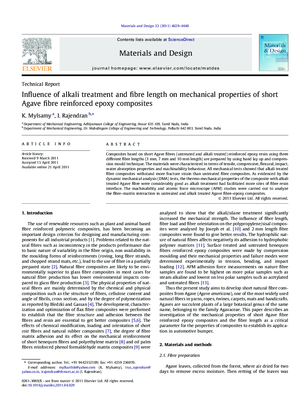 Influence of alkali treatment and fibre length on mechanical properties of short Agave fibre reinforced epoxy composites